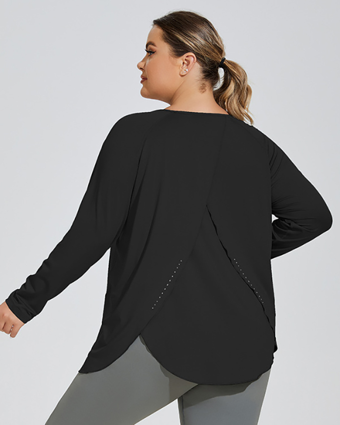 Long Sleeve Back Slit Loose Quick Dry Running Sport Plus Size T-shirt Green White Black XL-4XL