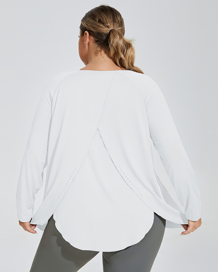 Long Sleeve Back Slit Loose Quick Dry Running Sport Plus Size T-shirt Green White Black XL-4XL