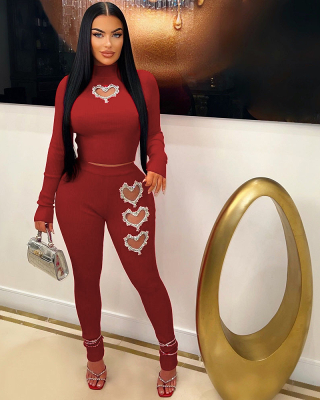 Long Sleeve Women Heart-Shaped Beaded Solid Color Two Piece Pant Set S-XL