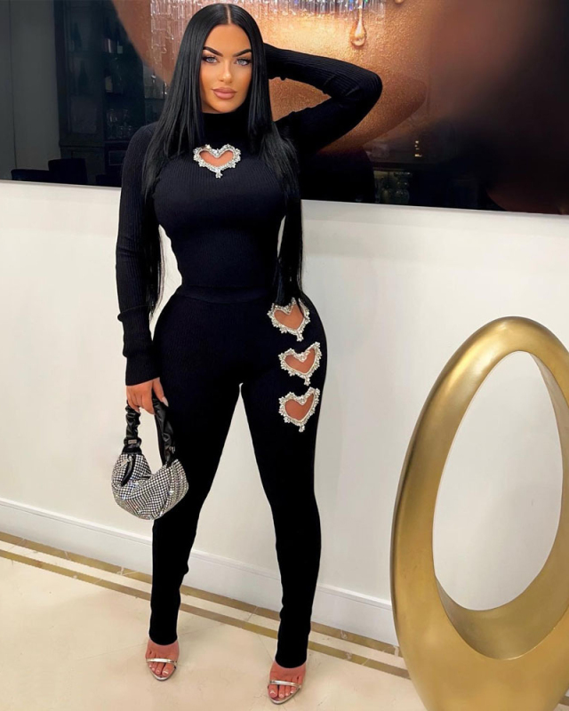 Long Sleeve Women Heart-Shaped Beaded Solid Color Two Piece Pant Set S-XL