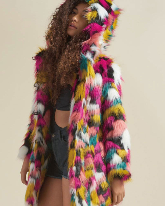 Rainbow Colorful Women Winter Fur Fashion Coat S-4XL