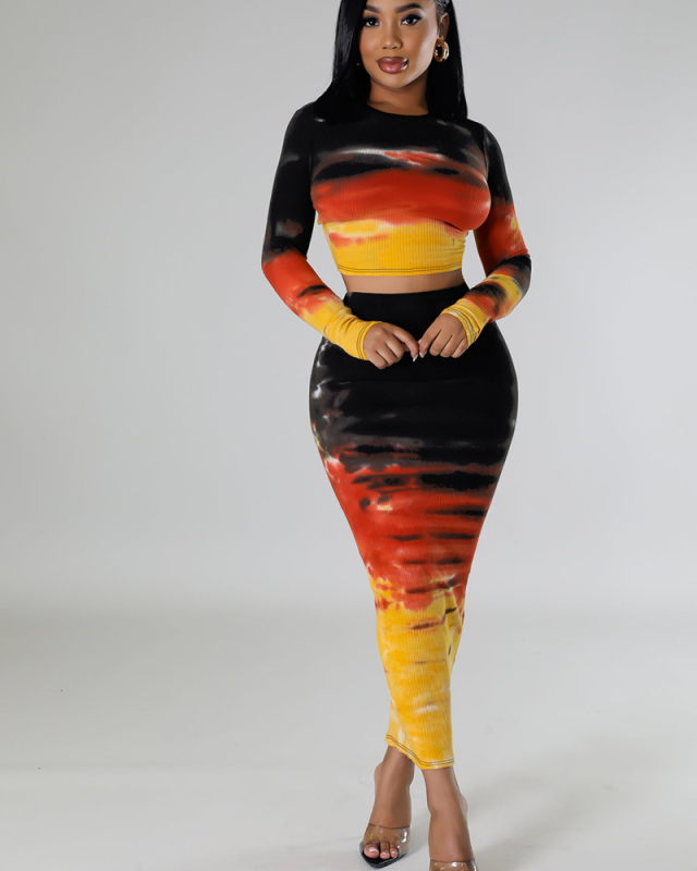 Long Sleeve Printed Women Two Piece Long Skirt Set S-XXL