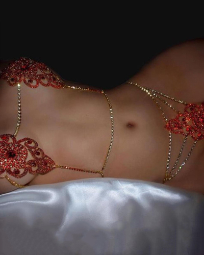 Luxury Red Rhinestone Flower Sexy Body Chain Gild Silvering