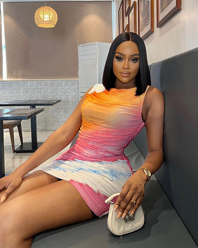 Sleeveless Tie Dye Printing O-neck Mesh Patchwork Bodycon Casual Dress Orange Pink S-L