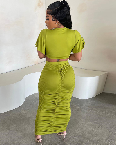 Solid Color Crew Neck Show Waist Ruffle Sleeve Crop Top Ruched Slim High Waist Skirts Two Piece Sets Green Black Rosy S-L