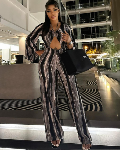 Women Hollow Out Long Sleeve Fashion Striped Jumpsuit Brown S-L