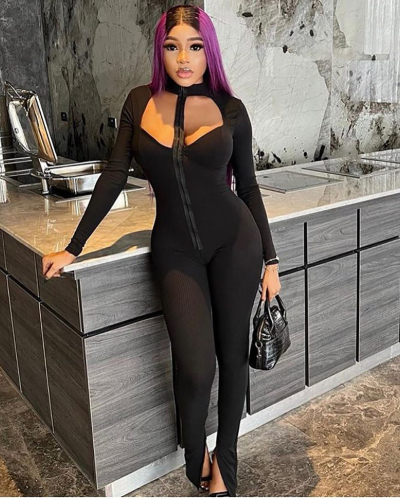 Stand Collar Hollow Out Solid Color Long Sleeve Fashion Jumpsuit Black S-L
