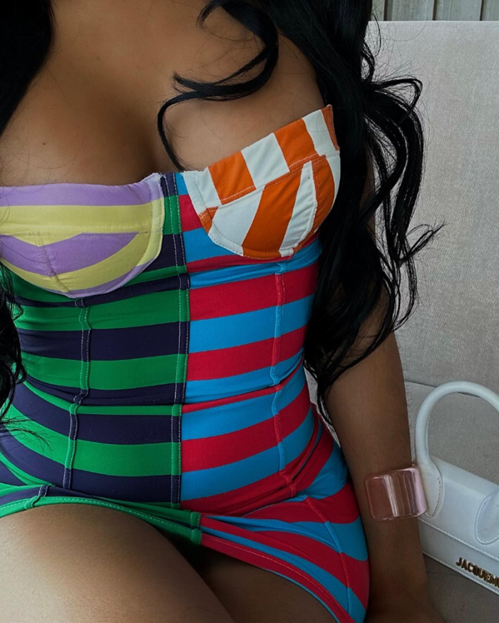 Women Sexy Colorblock Sleeveless Striped Casual Bodycon Dress S-L