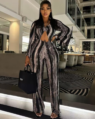 Women Hollow Out Long Sleeve Fashion Striped Jumpsuit Brown S-L