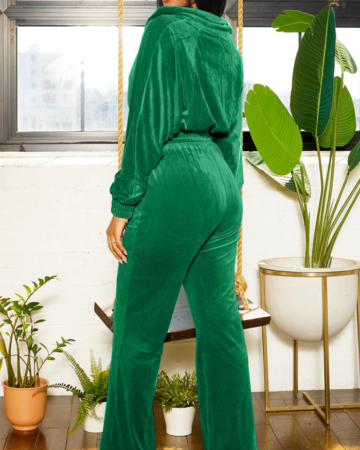 Velvet Long Sleeve Women Winter Fashion Two Piece Pant Set S-XL