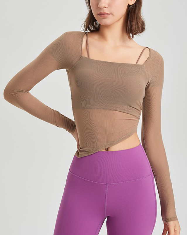 Square Collar Mesh Long Sleeve Irregular Fixed Bra Running Yoga Top S-XL