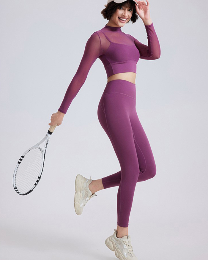 Mesh Long Sleeve Bra Running Sports Quick Dry Sports Bra Top Black Purple Pink Brown Apricot S-XL