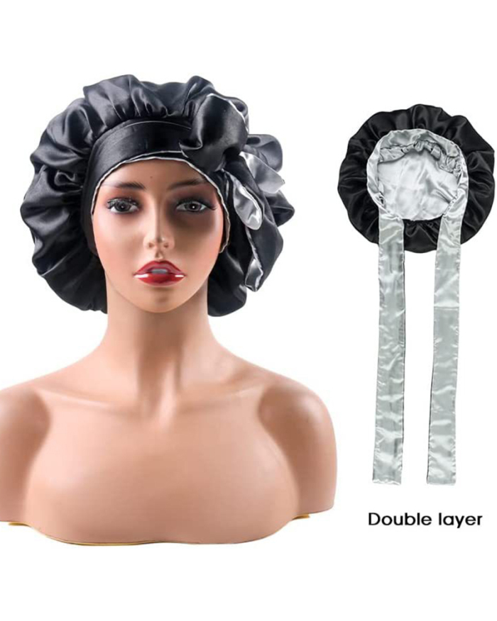 Two Tone Satin Bonnet Silky Bonnet With Tie Band Jumbo Sleeping Silky Bonnet With Elastic Wide Band Wig Edge Wrap Bonnet Satin Sleep Cap Double Layer For Woman Curly Braid Hair