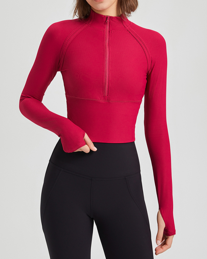 Quick-Drying Half Zipper Stand Collar Casual Long Sleeve Yoga Top Black Milk Tea Apricot Rosy S-XL