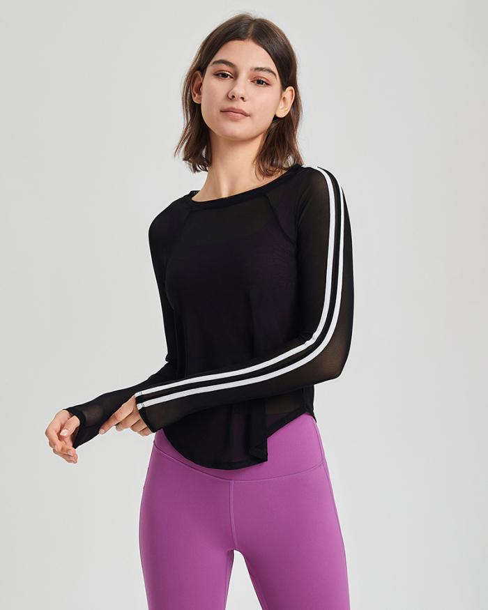Sports Long Striped Sleeve Mesh Quickly Dry Running Fitness Sports Yoga Top Cover Up Mesh T-shirt S-L