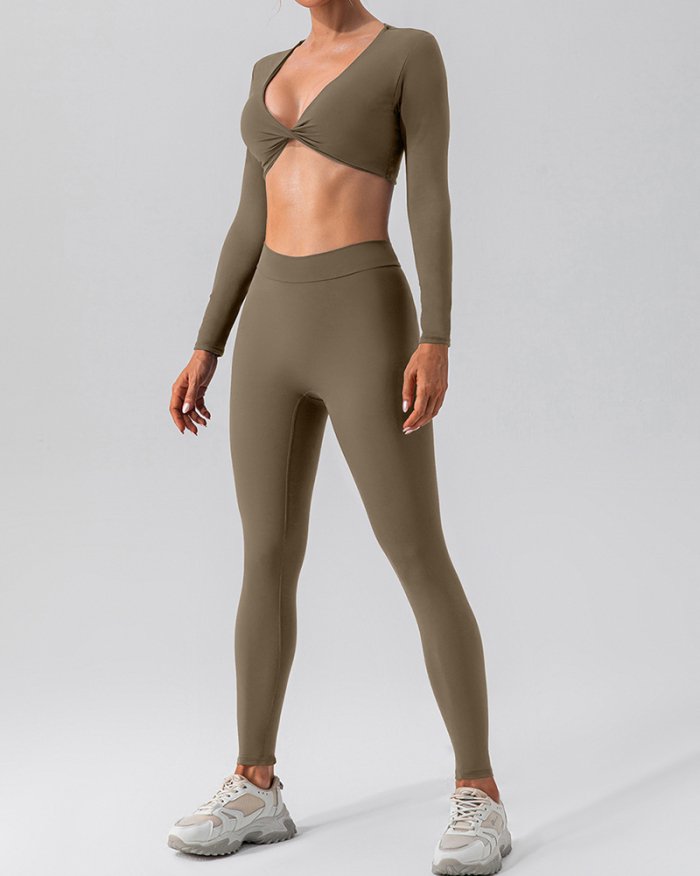 Women Long Sleeve V Neck Solid Color Crop Top Yoga Top S-XL