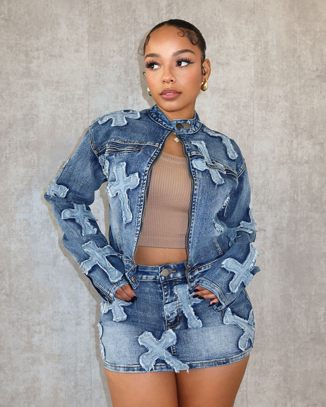 Jean Fashion Girl Popular Denim Two Piece Skirt Set S-XXL