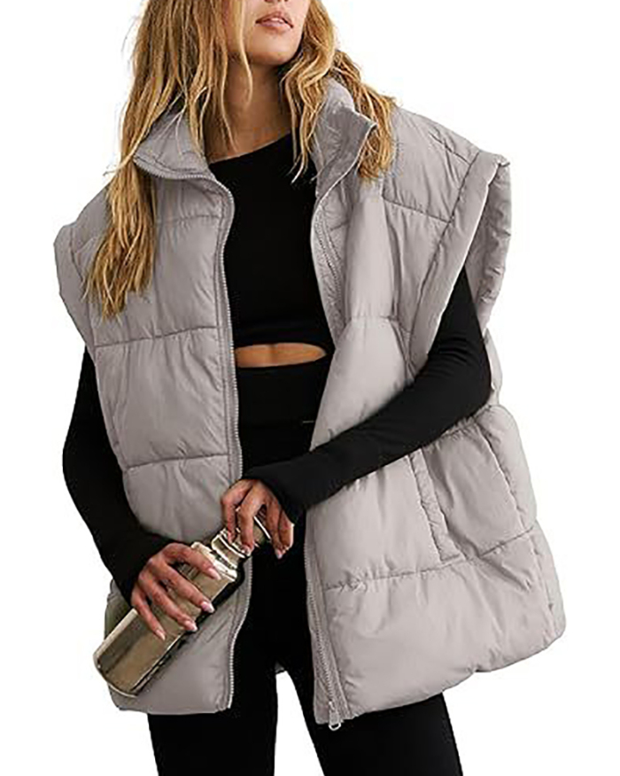 Solid Color Sleeveless Oversize Fashion Stand Collar Casual Jackets S-XL