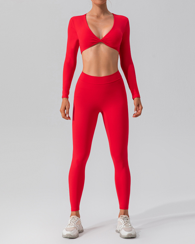 Long Sleeve V Neck Crop Top Fitness High Waist Pants Sets Yoga Two-piece S-XL