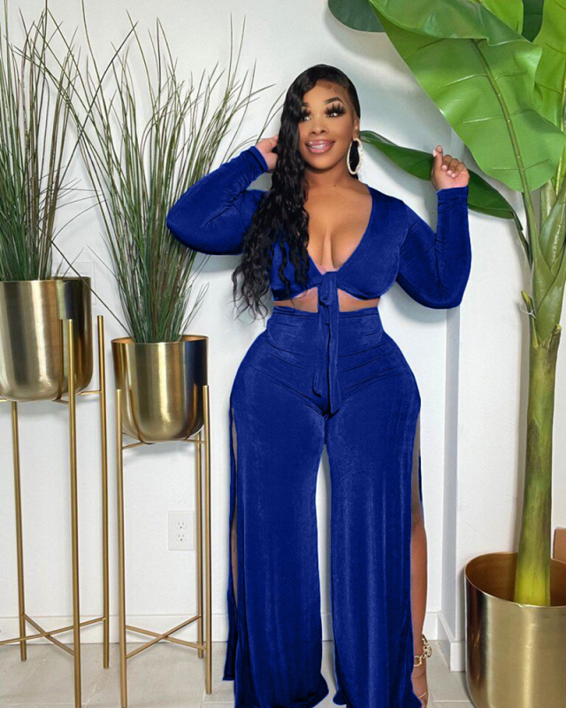 Velvet High Cut Pant With V neck Tops Two Piece Pant Set S-3XL