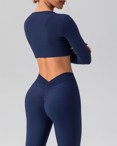 Long Sleeve V Neck Crop Top Fitness High Waist Pants Sets Yoga Two-piece S-XL