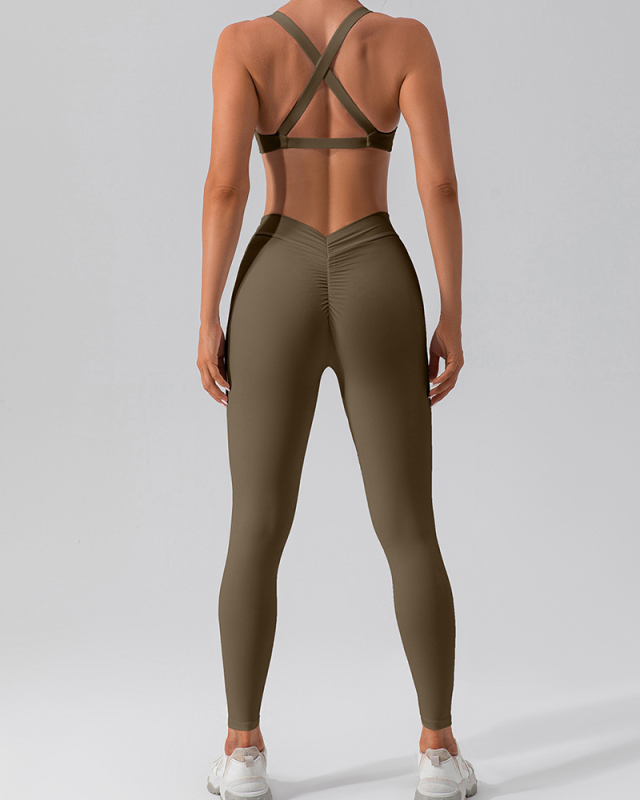 Woman V Neck Sports Bra High Waist Yoga Pants Two Pieces Set S-XL