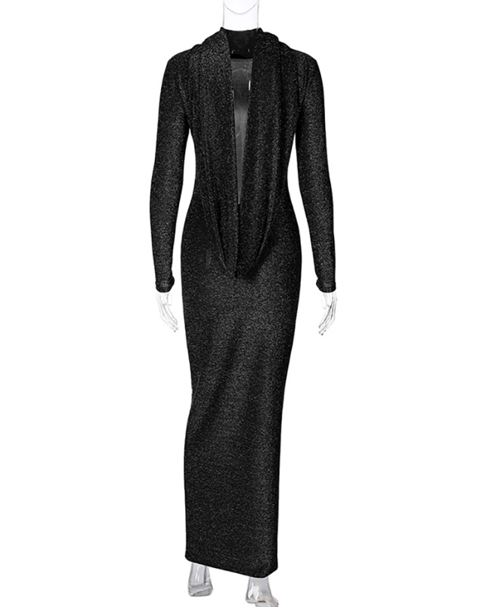 Women Long Sleeve Solid Color Shining Elegant Backless Hoodies One-piece Dress Maxi Evening Dress Brown Black S-L