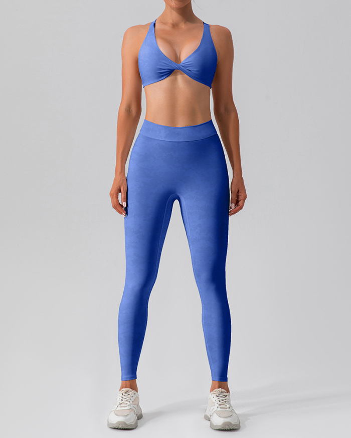 Woman V Neck Sports Bra High Waist Yoga Pants Two Pieces Set S-XL