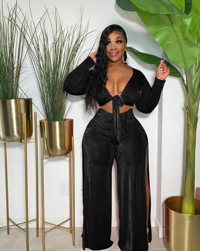 Velvet High Cut Pant With V neck Tops Two Piece Pant Set S-3XL