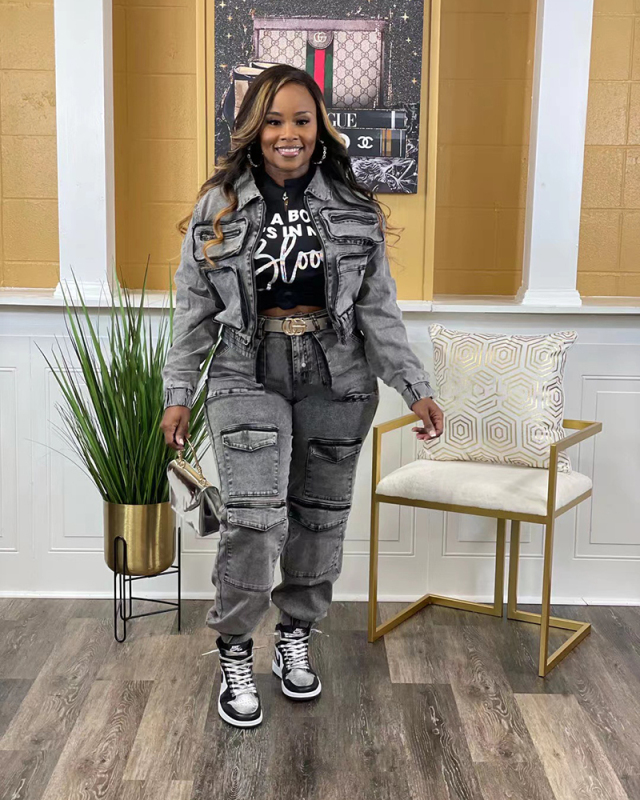 High Fashion Women Jean Two Piece Pant Set Outfits S-XXL