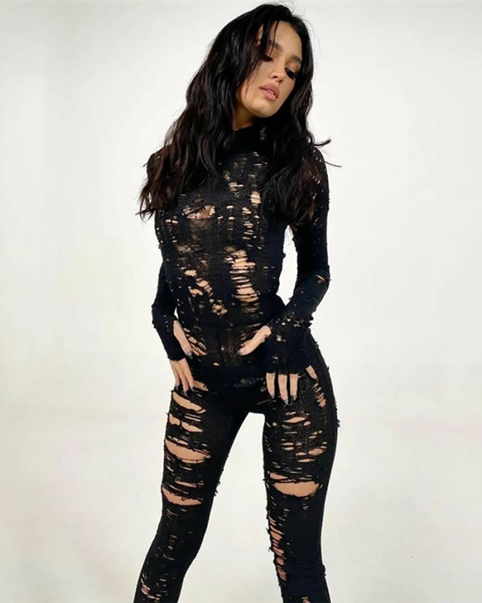 Black Knitted Women Fashion Hollow Out Jumpsuit S-L