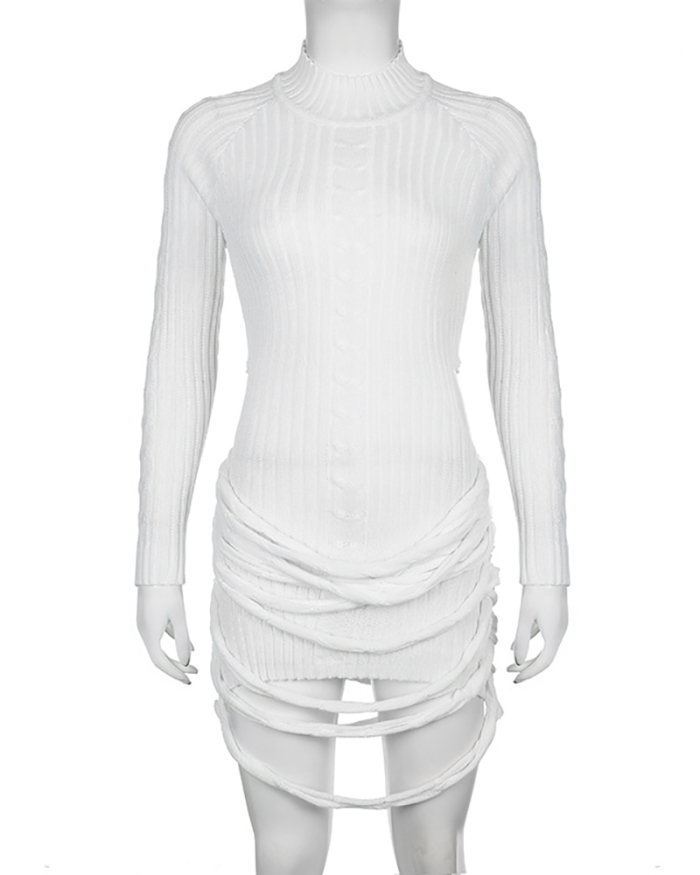 Women Long Sleeve High Neck Hollow Out Irregular Tassel Special Knit One-piece Dress White S-L