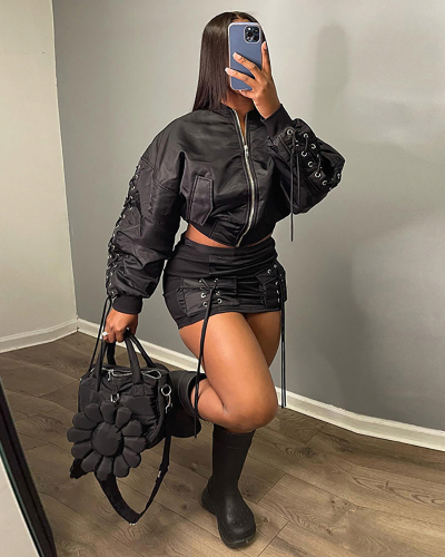 Solid Color Strappy Basic Long Sleeve Jacket Fashiion Pocket Mini Skirts Two Piece Sets Black Army Green Gray S-L