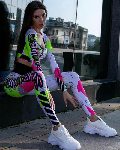 Graffiti Printed Colorblock Long Sleeve Sports Pants Running Sets White S-XL
