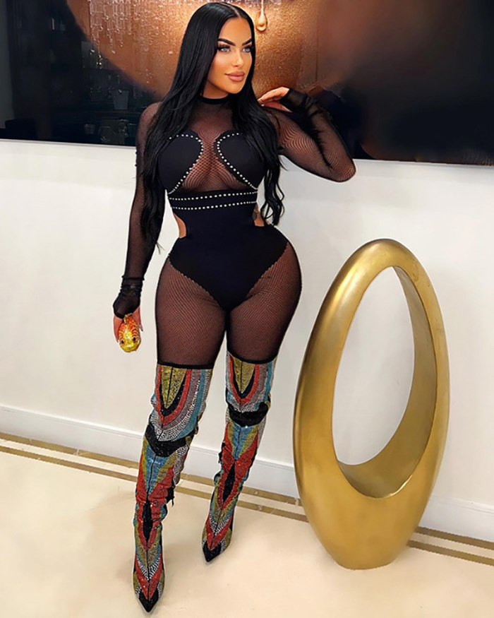 Long Sleeve Women Mesh See Through Sexy Jumpsuit S-L