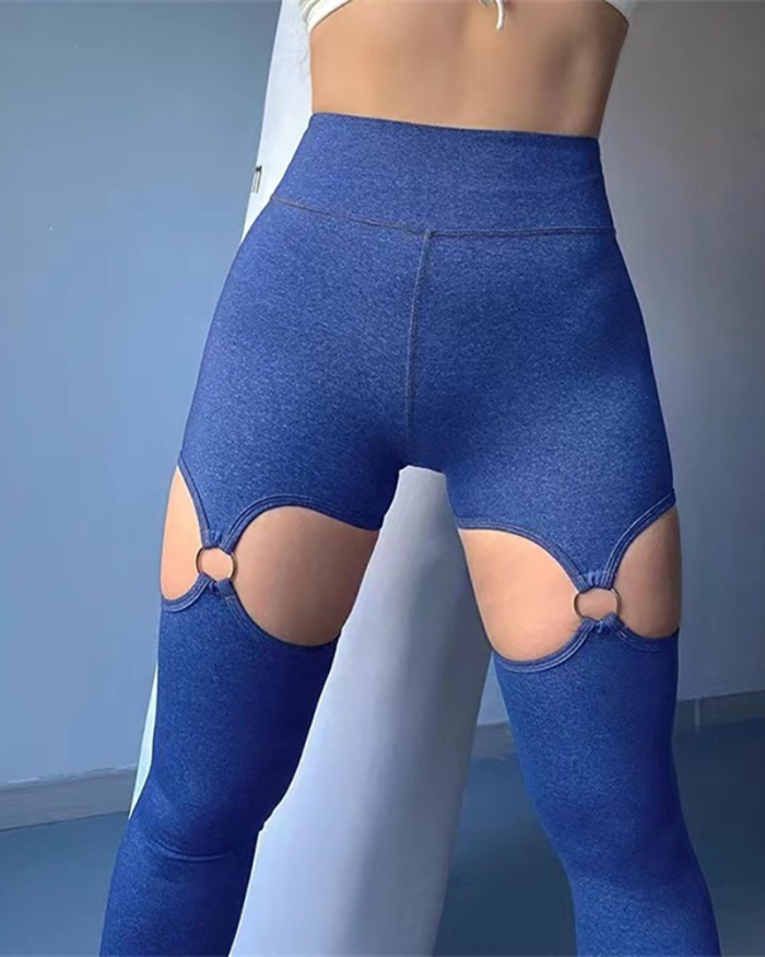 High Waist Yoga Hollow Out Hips Lift Fitness Pants Leggings Black Blue S-XL
