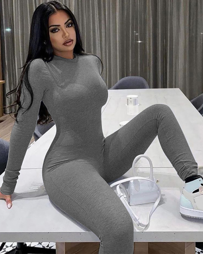 Long Sleeve Solid Color Sporty Jumpsuit S-XL