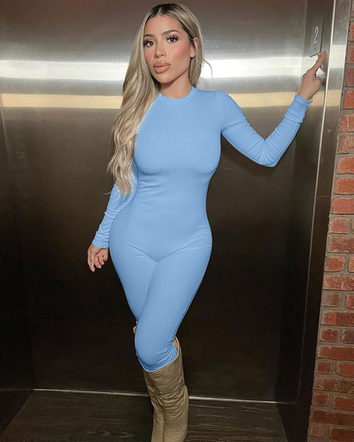 Long Sleeve Solid Color Sporty Jumpsuit S-XL