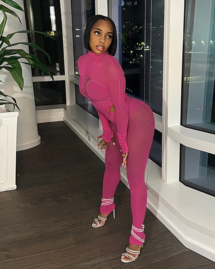 Long Sleeve Women Mesh See Through Sexy Jumpsuit S-L