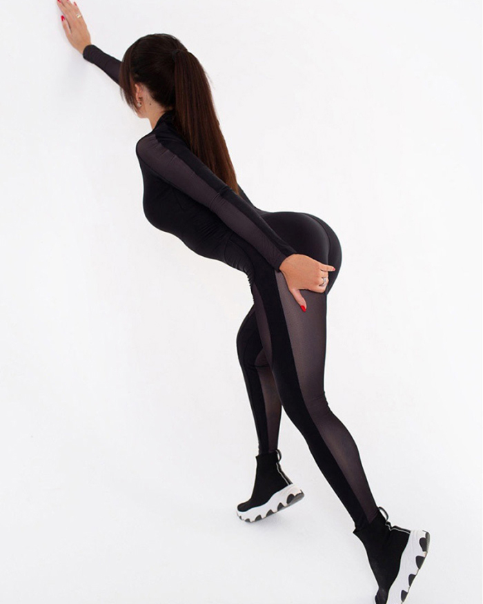 Women Long Sleeve Mesh Patchwork Sexy Slim Zipper Front Fitness Jumpsuit Black S-XL