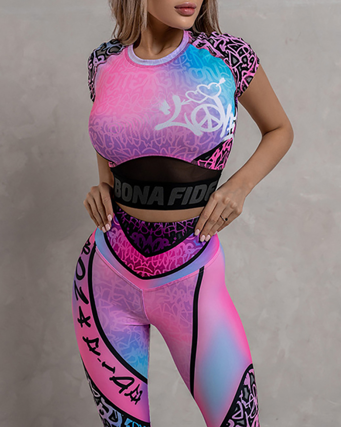 Women Graffiti Slim Fashion High Waist Fitness Shorts Sleeve Short Sports Sets Pink S-XL