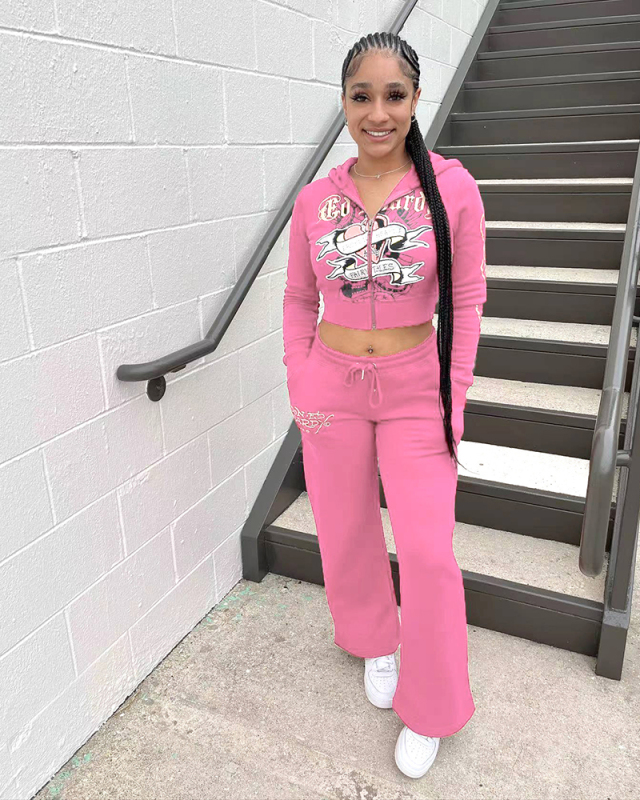 Popular Women Printed Sweatshirt Two Piece Pant Set S-L