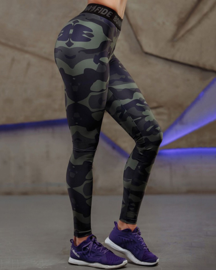 Woman Sexy Camo Long Sleeve T-shirt Slim Fitness Sports Two Piece Pants Sets S-XL