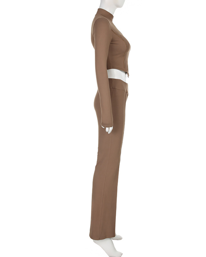 Long Sleeve Turtleneck Knit Zipper Irregular Wide Leg Pants Two pieces Outfit Pants Sets Brown White Skin Black S-L