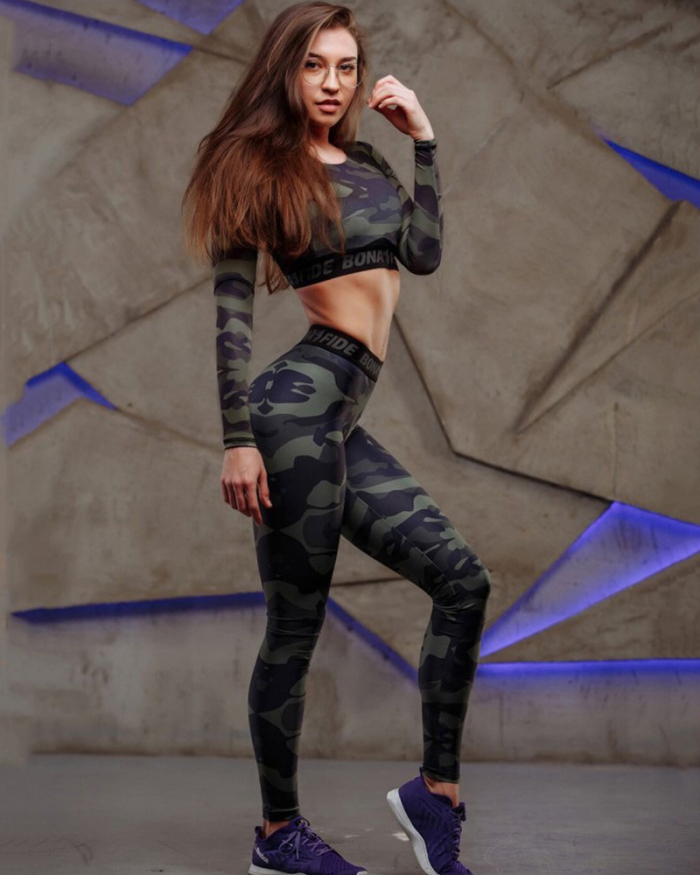 Woman Sexy Camo Long Sleeve T-shirt Slim Fitness Sports Two Piece Pants Sets S-XL