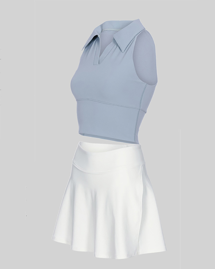 Polo Neck Tennis Vest High Waist Skirts Tennis Sets S-L