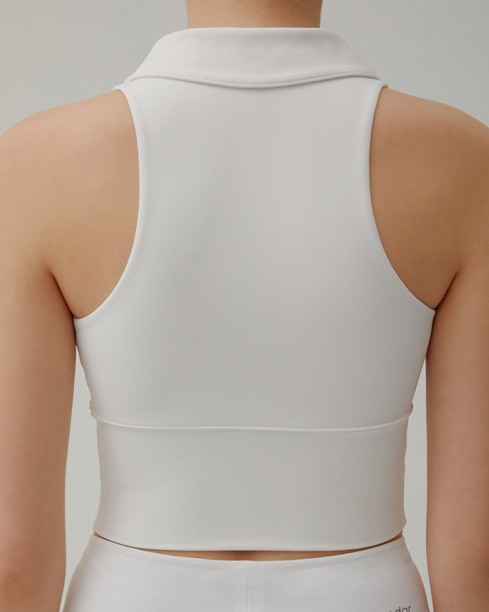 Women Breathable High Elastic Polo Neck Tennis Vest With Pad White Blue Black Beige S-L