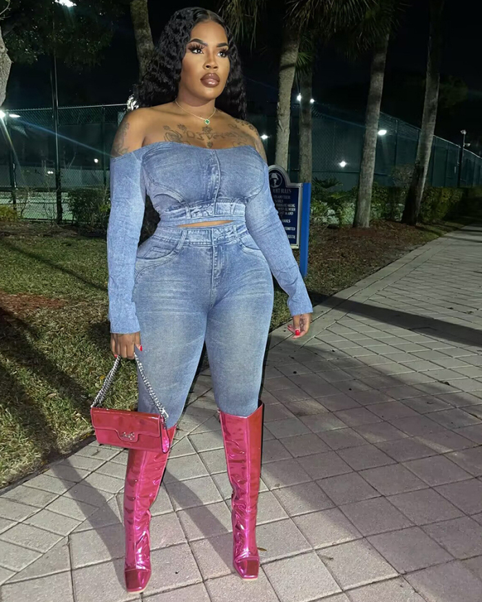 Women Off Shoulder Sexy Long Sleeve Jean Printing Two Pieces Outfit Pants Sets Deep Blue Khaki Light Blue Gray S-2XL