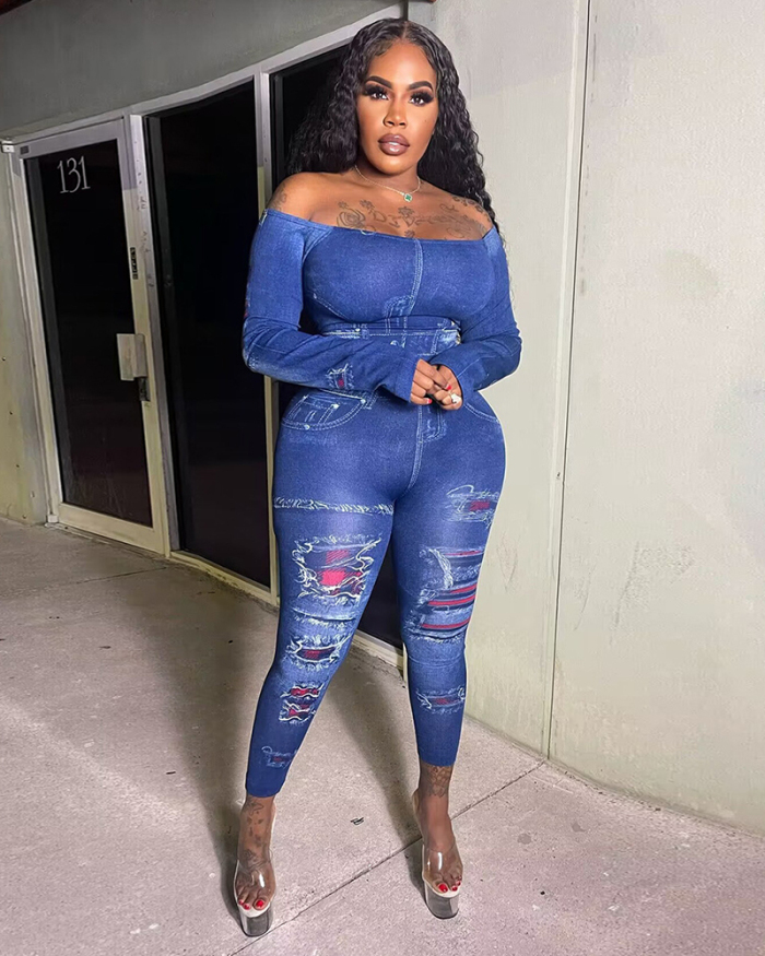 Women Off Shoulder Sexy Long Sleeve Jean Printing Two Pieces Outfit Pants Sets Deep Blue Khaki Light Blue Gray S-2XL