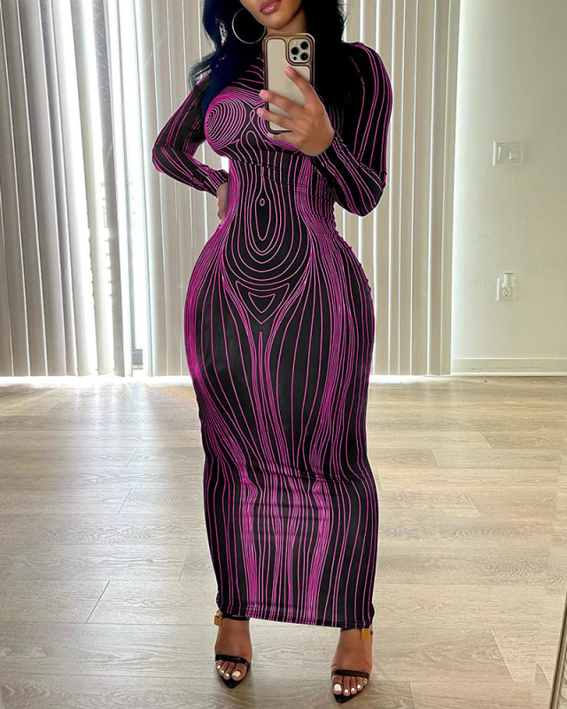 Long Sleeve Printed Women Causal Maxi Dress S--2XL